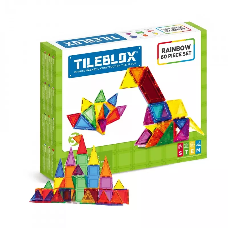 MAGFORMERS Tileblox Rainbow rinkinys 60 dalių – magnetinis konstravimo žaislų rinkinys, 60 blokų