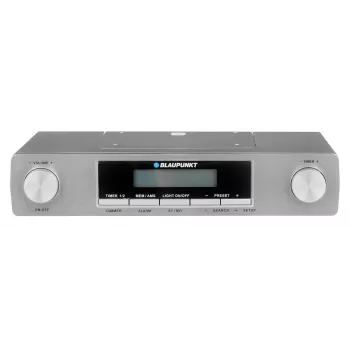 Virtuvės radijas BLAUPUNKT KR12SL — FM skaitmeninis imtuvas, 0,8 W RMS, LCD ekranas, AC 110–240 V, baterijos atsarginis maitinimas (2×AA), sidabrinis
