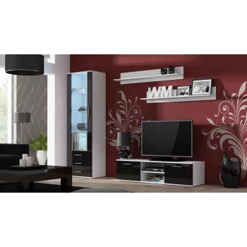 TV staliukas cama meble SOHO 140 — 1400×430×370 mm, baltas viršus, medžio drožlių plokštė, baltas rėmas, juodi blizgūs fasadai