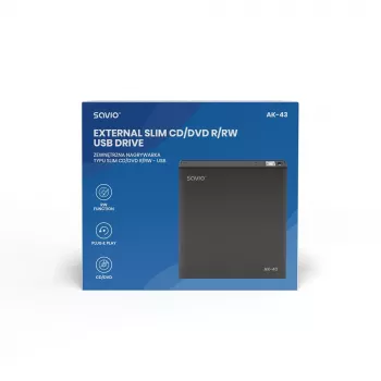 Išorinis plonas DVD±RW įrenginys SAVIO AK-43, USB 2.0, juodas, palaiko CD/DVD skaitymą ir rašymą (24x CD, 8x DVD)