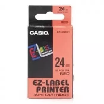 Etikečių ritinėlis CASIO XR-24RD1 — lipnios etiketės juoda ant raudono, 2,4 cm × 8 m, 1 ritinėlis