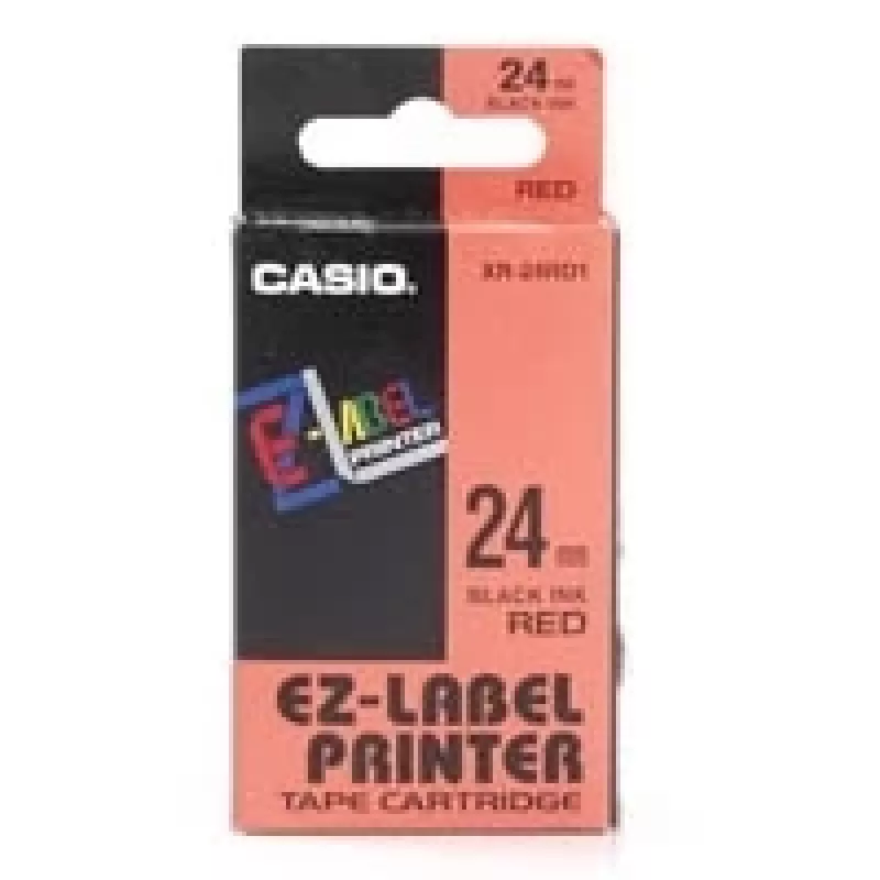 Etikečių ritinėlis CASIO XR-24RD1 — lipnios etiketės juoda ant raudono, 2,4 cm × 8 m, 1 ritinėlis