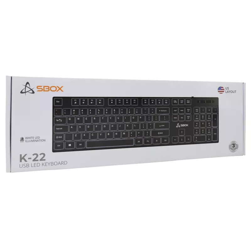 Laidinė USB klaviatūra SBOX K-22 US juoda — JAV išdėstymas, juoda, laidinis USB ryšys