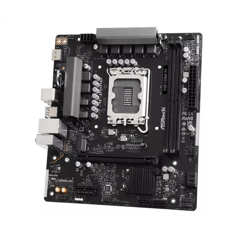 Micro ATX pagrindinė plokštė ASRock H810M-H — Intel H810, LGA 1851 (Socket V1), 2x DIMM DDR5, iki 128 GB, M.2 ir SATA III