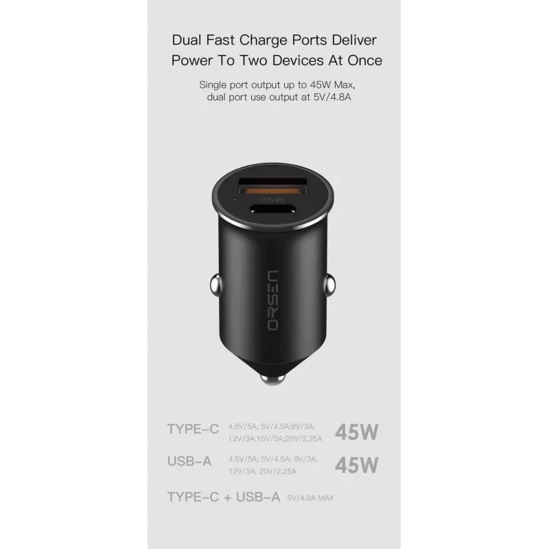 Automobilinis kroviklis Orsen C8 45W — 45W USB-C PD greitas įkrovimas, juodas