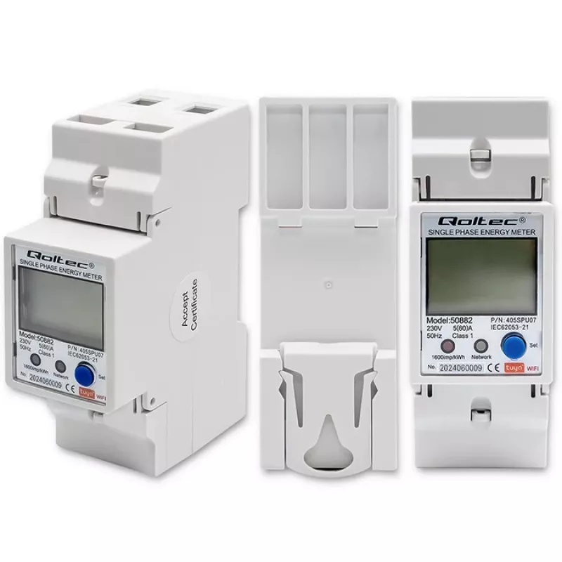 Qoltec 50882 Vienfazis elektroninis energijos suvartojimo skaitiklis ant DIN bėgelio | Wi-Fi | TUYA | 230V | LCD