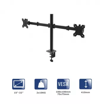Akyga AK-MB-02 dvigubas monitorių laikiklis ant stalo, 2 x 10 kg, VESA 75x75 / 100x100, 15–32", juodas