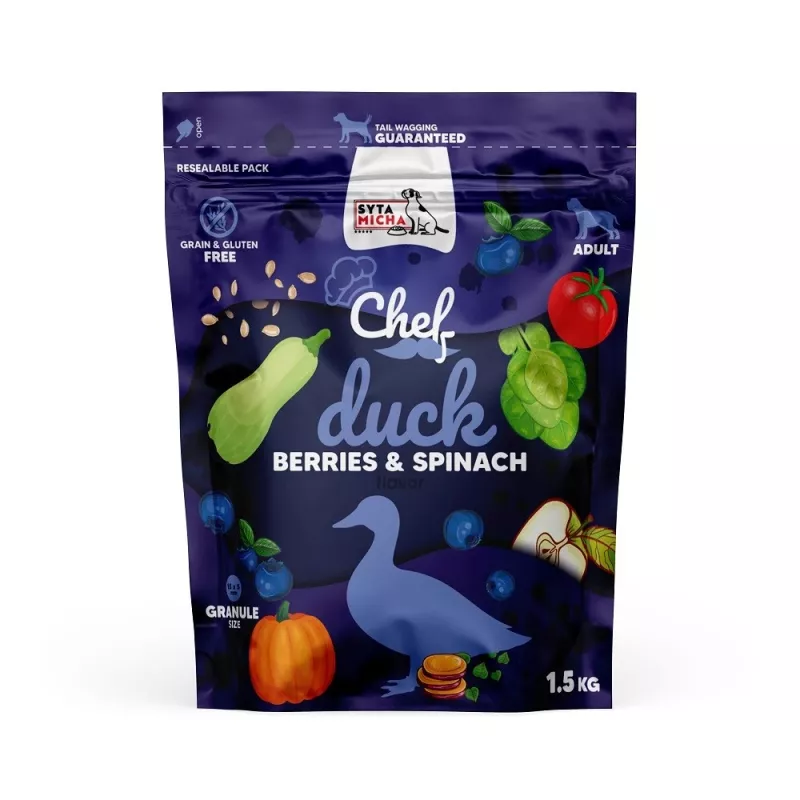 SYTA MICHA Chef Duck, uogos ir špinatai - sausas šunų maistas - 1,5kg
