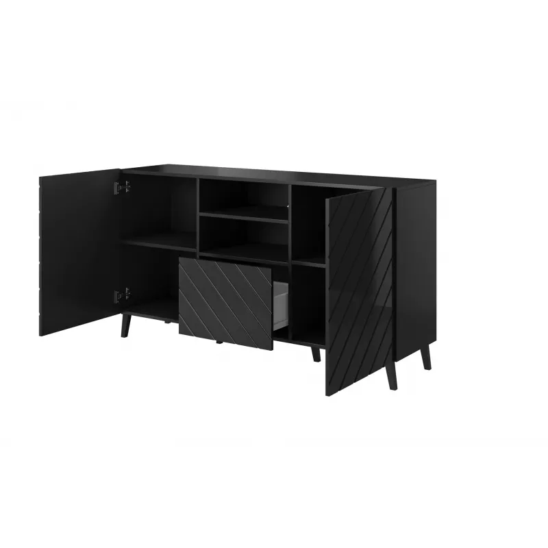 Komoda cama meble ABETO 150x42x82 cm, blizgi juoda, MDF rėmas, 1 stalčius