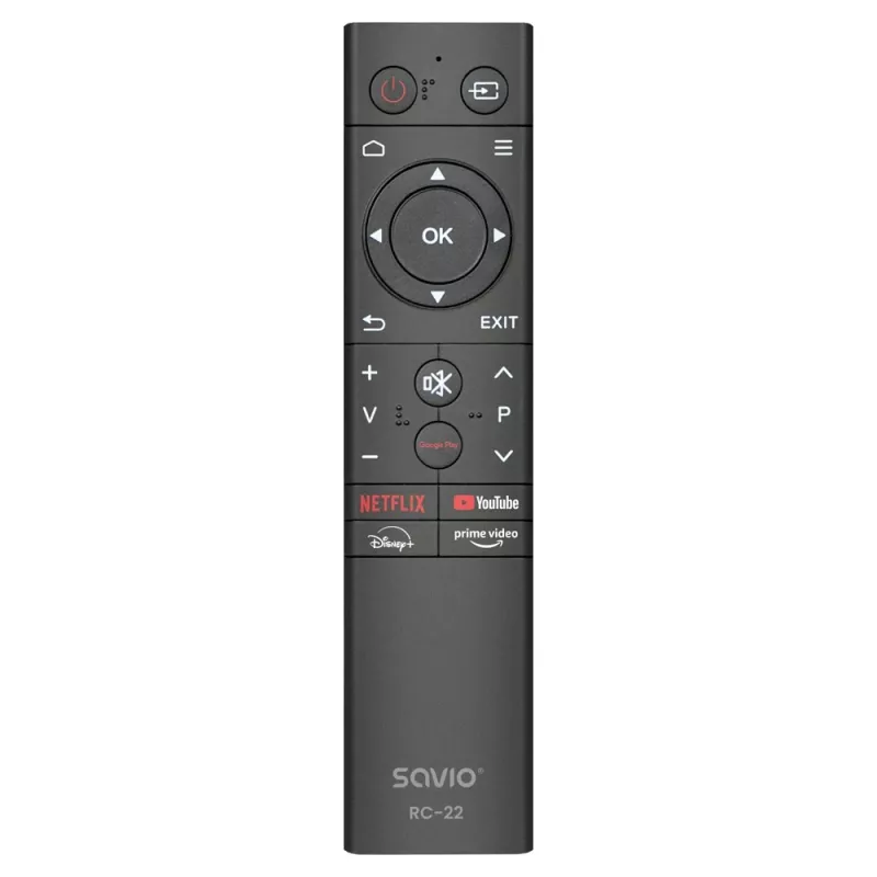 SAVIO TV nuotolinio valdymo pultas RC-22 — IR belaidis universalus, 20 mygtukų, 10 m veikimo nuotolis, USB‑C, juodas