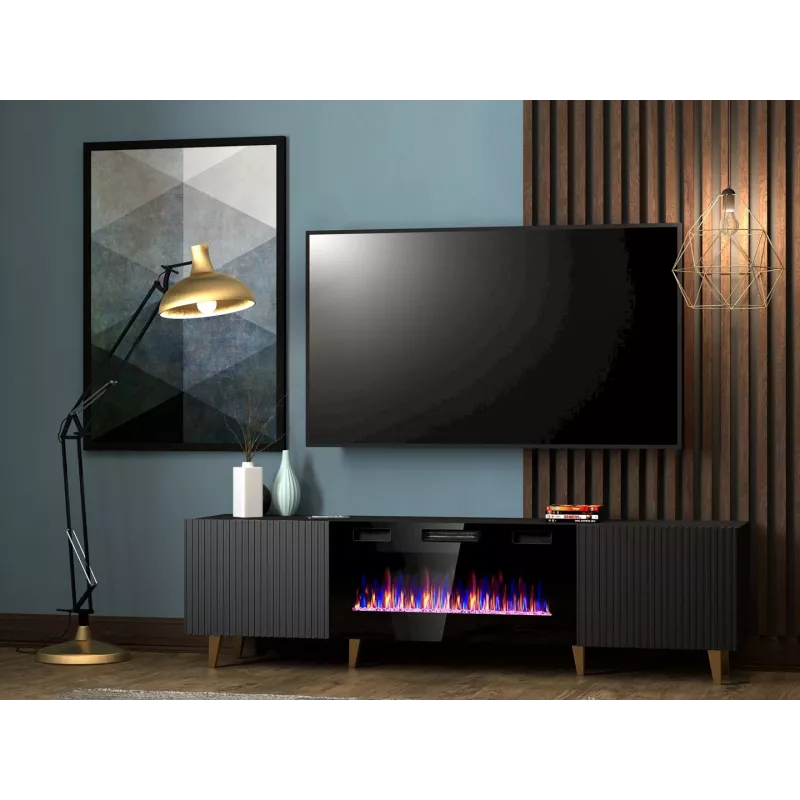 TV spintelė Cama Meble PAFOS EF su elektriniu židiniu 180x42x49 cm, juoda matinė, 2 durys, 1400–1600 W