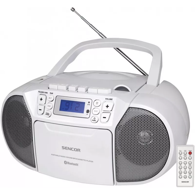 Nešiojama stereosistema SENCOR SPT 3907 W — 14 W, CD/MP3, Bluetooth 2.1, FM imtuvas, USB, balta
