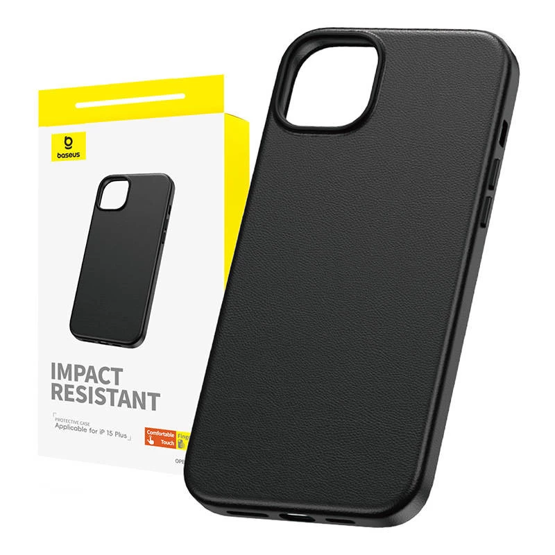 Telefono dėklas Baseus Fauxther, skirtas iPhone 15 Plus, PU oda, 6,7 colio ekranui, juodas