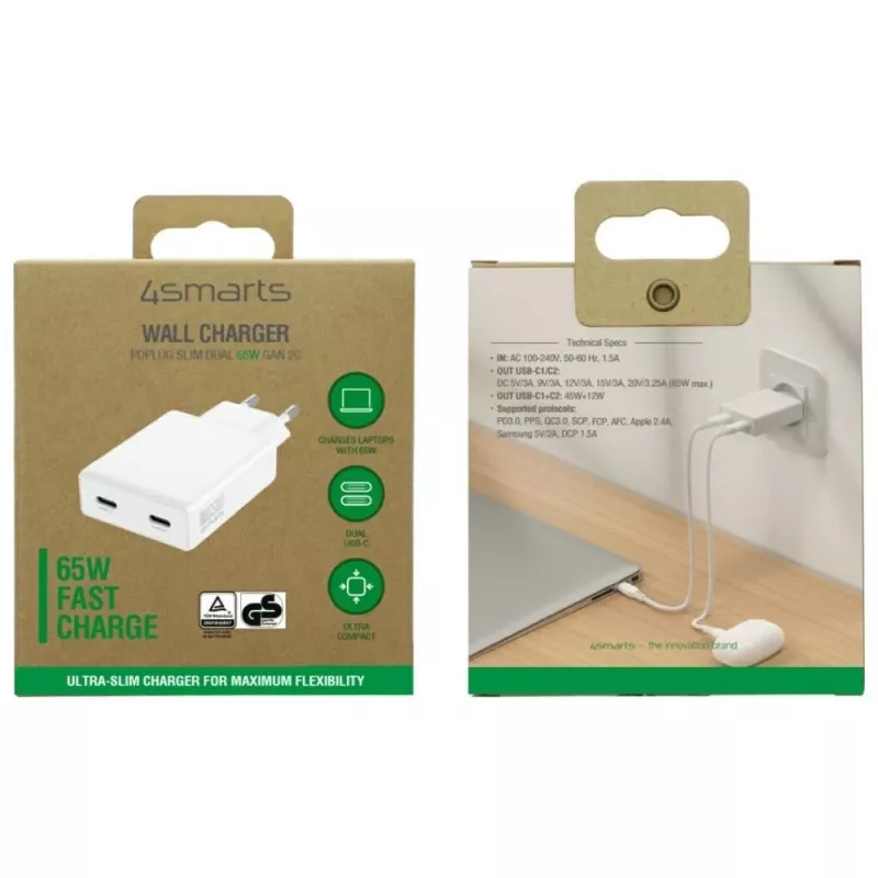 Kroviklis PDPlug Dual 65W GaN 2xUSB-C baltas