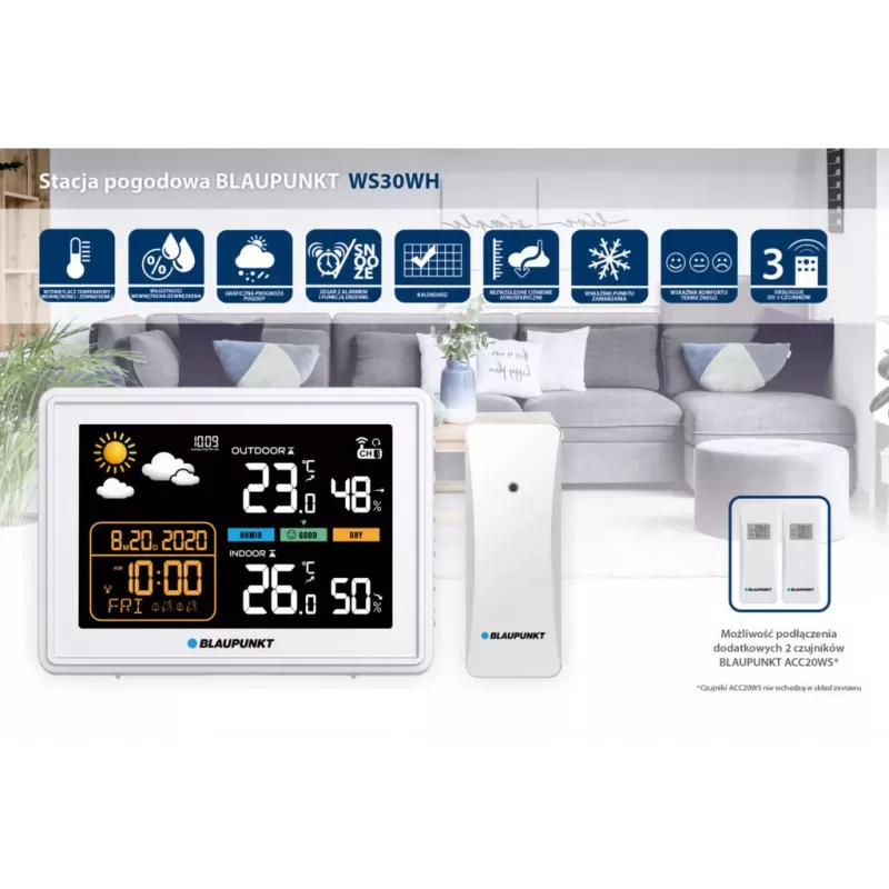 BLAUPUNKT WS30WH orų stotelė — patalpų ir lauko temperatūros bei drėgmės monitorius