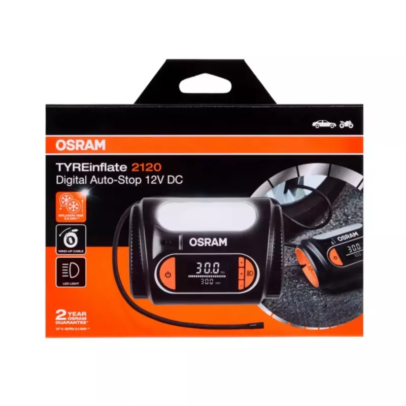 Oro kompresorius Osram TyreInflate 2120 — kompaktiškas 12 V baterija maitinamas padangų pripūtimo įrenginys (OTI2120)