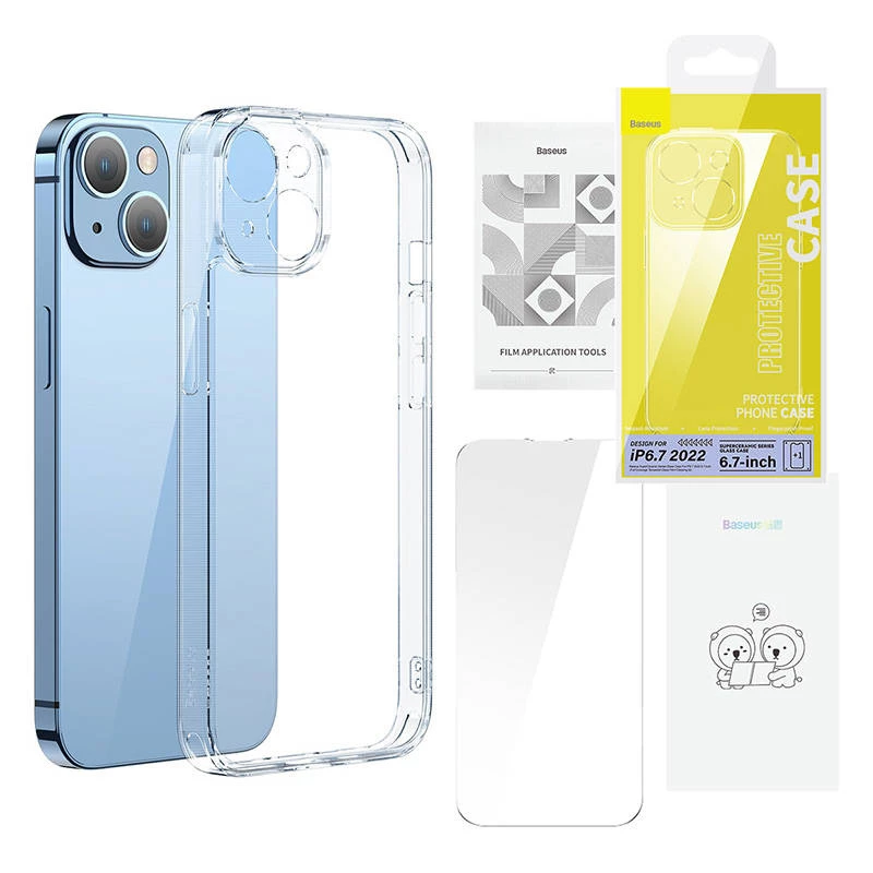 Baseus SuperCeramic permatomas stiklinis dėklas ir grūdinto stiklo rinkinys, skirtas iPhone 14 Plus