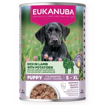 EUKANUBA šlapias šuniukų ėdalas 400 g – receptūra augantiems šuniukams, su aviena ir bulvėmis