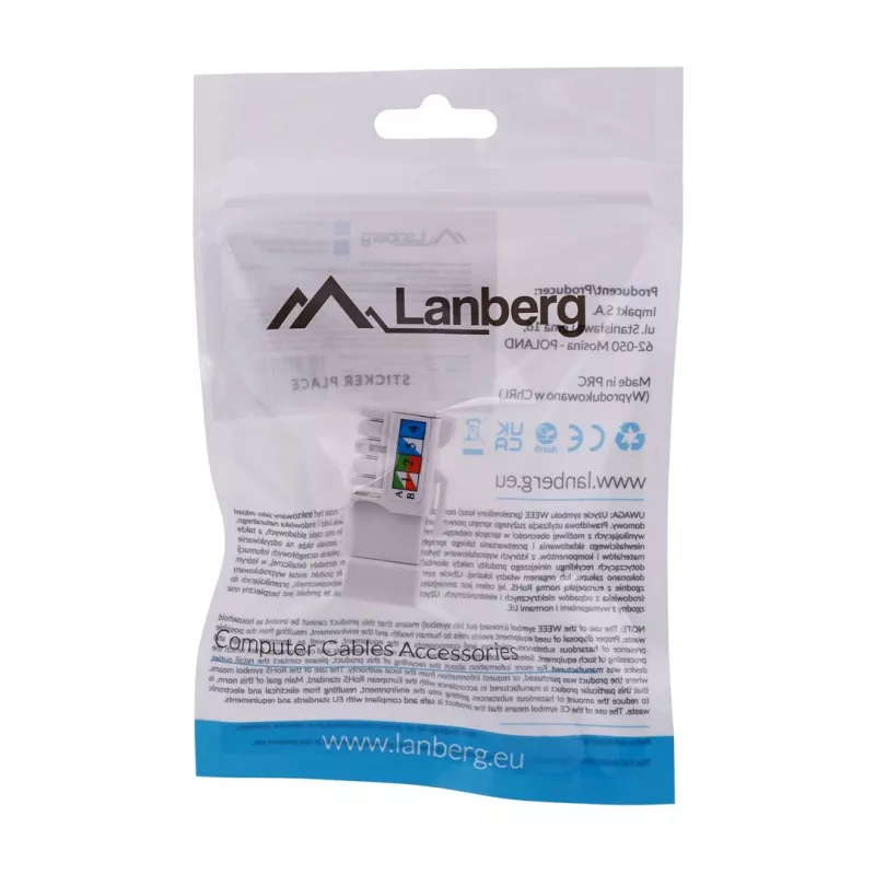 Keystone modulis LANBERG KSU6-1090, Cat6 U/UTP plokščias, RJ-45 vyriškas į LSA moterišką, AWG 22/26, 14.5×16.1 mm, baltas