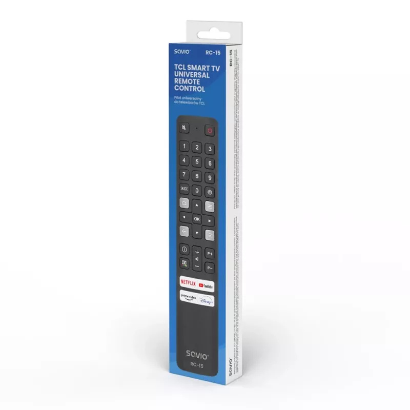 SAVIO universalus televizoriaus nuotolinio valdymo pultas RC-15, skirtas TCL SMART TV, IR belaidis, juodas, veikimo nuotolis 10 m
