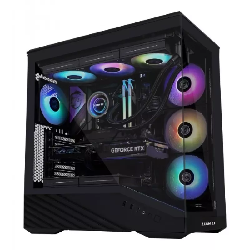 Kompiuterio korpusas Lian Li Vector V100 Midi Tower — juodas su permatomu skydeliu, palaiko 3×120 mm šoninius + 1×120 mm galinį ventiliatorius, 3,5 colio HDD, 2,5 colio SSD, 235,5×446×484,6 mm