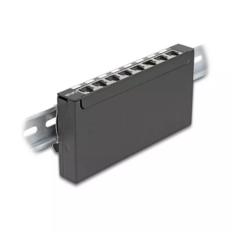 Patch panel DELOCK Mini Desktop RJ45 8 prievadų Cat.6A ekranuotas juodas stalui, sienai ar DIN bėgiui