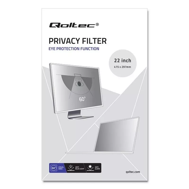 Privatumo filtras QOLTEC 51056 22 colių (55,9 cm) monitoriui, 16:10, 475×297 mm, permatomas