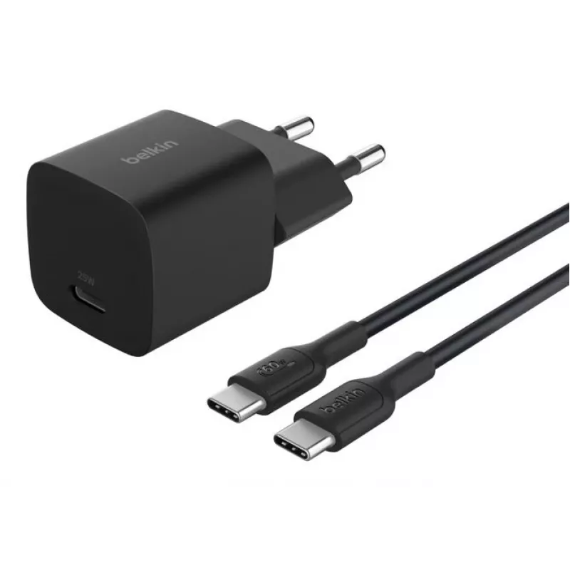 AC vidaus įkroviklis Belkin BoostCharge 25W USB-C PD/PPS, 1 m laidas, juodas — žaidimų konsolėms, išmaniesiems telefonams, planšetėms