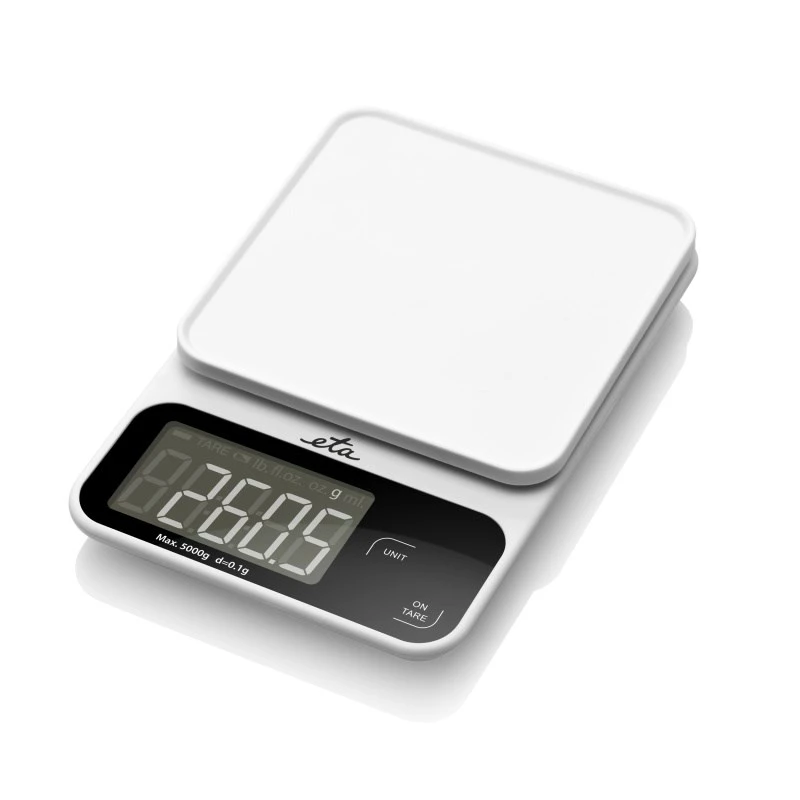 Elektroninės virtuvinės svarstyklės ETA POPI White – maks. 5 kg, tikslumas 1 g, LCD ekranas, AAA baterijos