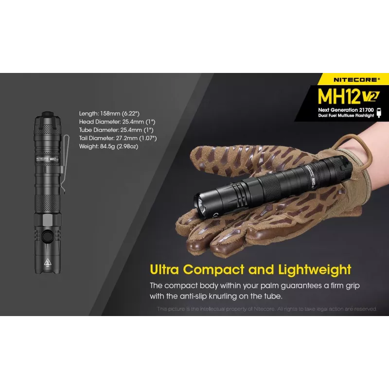 Rankinis žibintuvėlis Nitecore MH12 V2, juodas