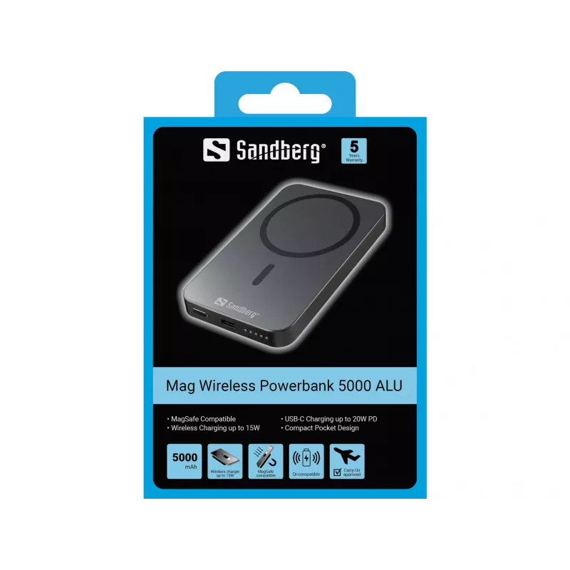 Nešiojama išorinė baterija Sandberg Mag Wireless Powerbank 5000 ALU, 5000 mAh