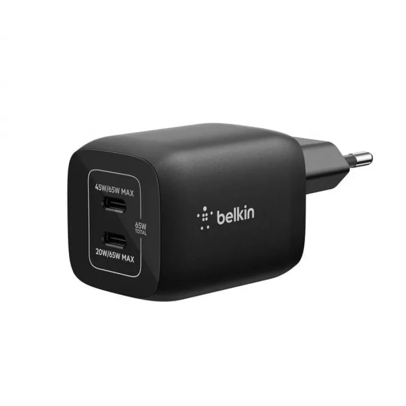 USB-C dvigubas įkroviklis Belkin ENA007KQBK 65W — dvigubas USB-C PD įkrovimas nešiojamiesiems kompiuteriams ir mobiliesiems įrenginiams