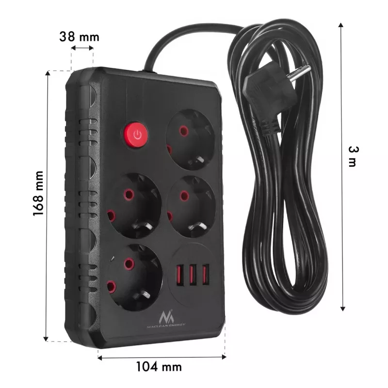 Maitinimo lizdų blokas MACLEAN MCE393 B — 4 lizdai, 3×USB, 110–240V, 2500W, 3 m laidas, juodas