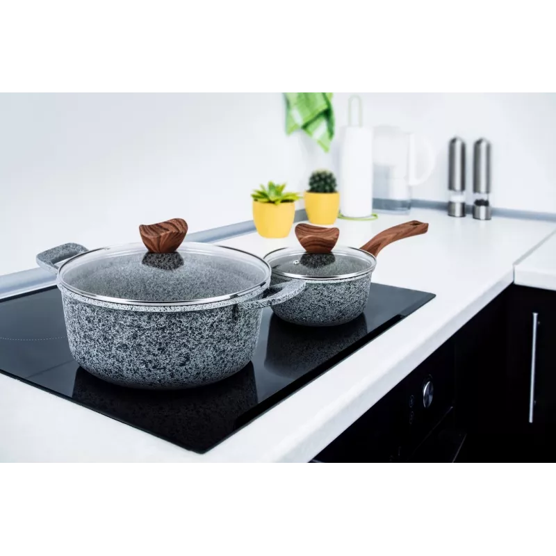PROMIS granitinių puodų rinkinys, 16 cm puodelis ir 20, 24, 28 cm puodai, rudos rankenos