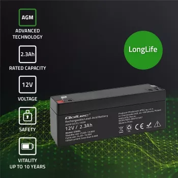 Sandari AGM baterija QOLTEC 12V 2.3Ah UPS ir atsarginėms sistemoms, maks. iškrova 34.5A