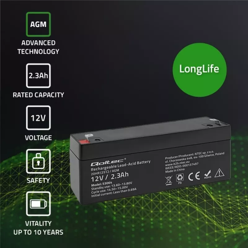 Sandari AGM baterija QOLTEC 12V 2.3Ah UPS ir atsarginėms sistemoms, maks. iškrova 34.5A