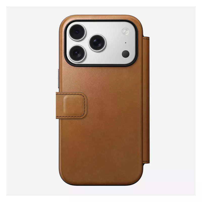„Folio“ telefono dėklas „Nomad Modern Leather Folio“, skirtas „iPhone 17 Pro“, oda + aliuminis, 6,3 colio (16 cm), rusvai ruda, 3 kortelių kišenės