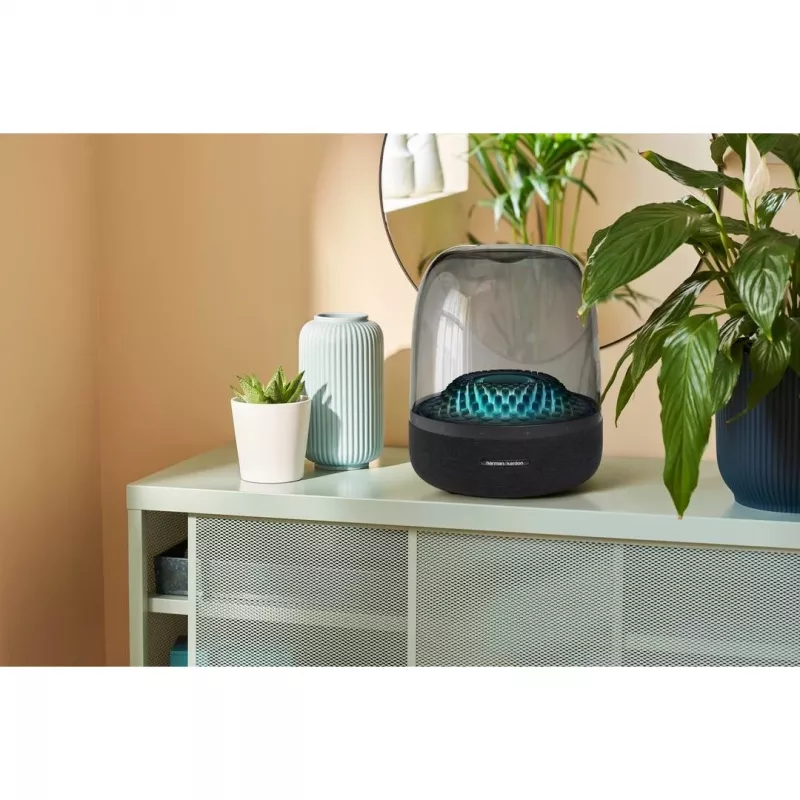 Nešiojamas belaidis garsiakalbis Harman/Kardon Aura Studio 4 — 100 W, 3 tvarkyklės, 45–20000 Hz, Juoda/Permatoma