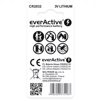 Ličio monetos elemento baterija everActive CR2032 — 3 V, 20 mm, 2 vnt. lizdinė pakuotė