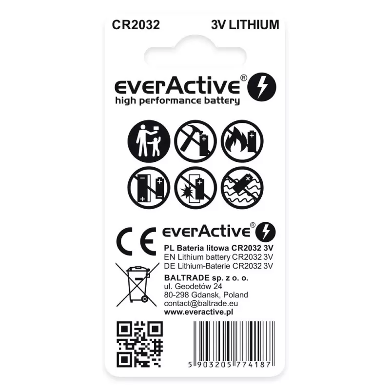 Ličio monetos elemento baterija everActive CR2032 — 3 V, 20 mm, 2 vnt. lizdinė pakuotė