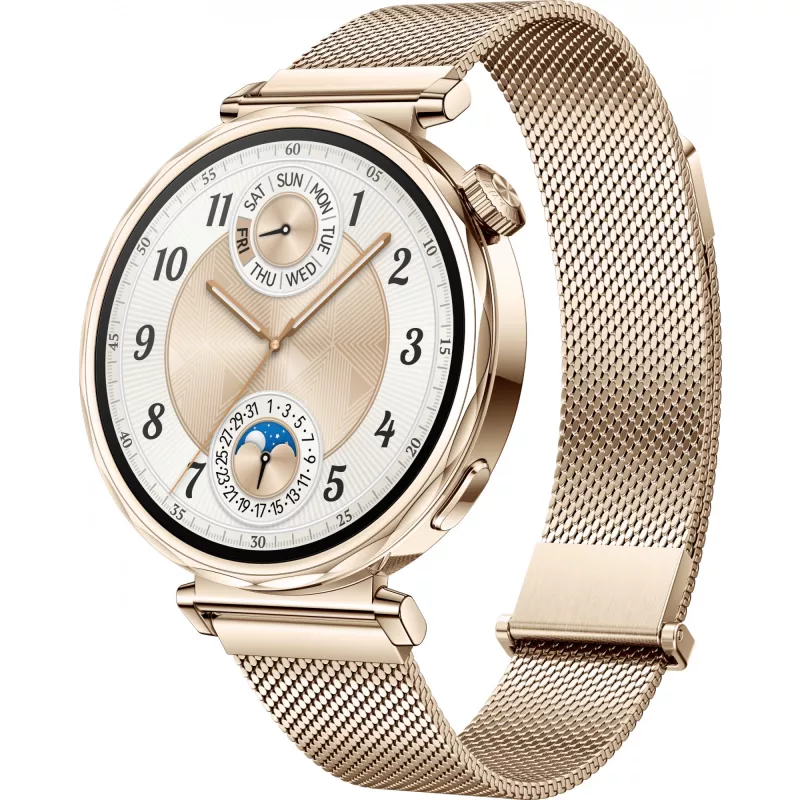 Išmanusis laikrodis HUAWEI WATCH GT5 41 mm — 1,32 colio AMOLED, 466×466, 323 mAh, nerūdijančio plieno korpusas, auksinė apyrankė