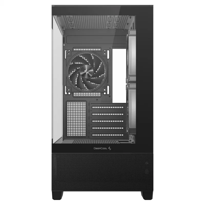 PC Midi Tower DeepCool CG380 3F — juoda, 235×437×451 mm, palaiko 2×120 mm šoninius + 1×120 mm galinį ventiliatorius, apatinis maitinimo blokas, 2,5 colio/3,5 colio HDD