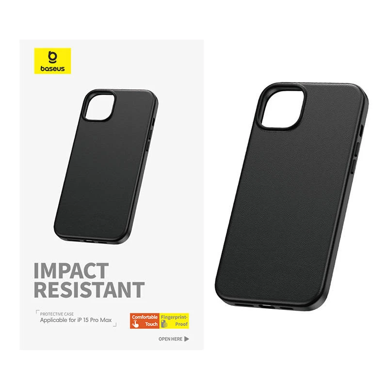 Dėklas Baseus iPhone 15 Pro Max Fauxther Series Juoda — apsauginis kietas gaubtas, dirbtinės odos apdaila