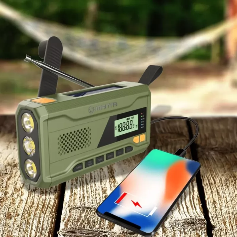 Nešiojamasis FM radijas MANTA RDI401G su saulės baterija, dinaminiu įkrovikliu, 4000–4500 mAh baterija, 5V USB išėjimu, 3W, žibintuvėlis