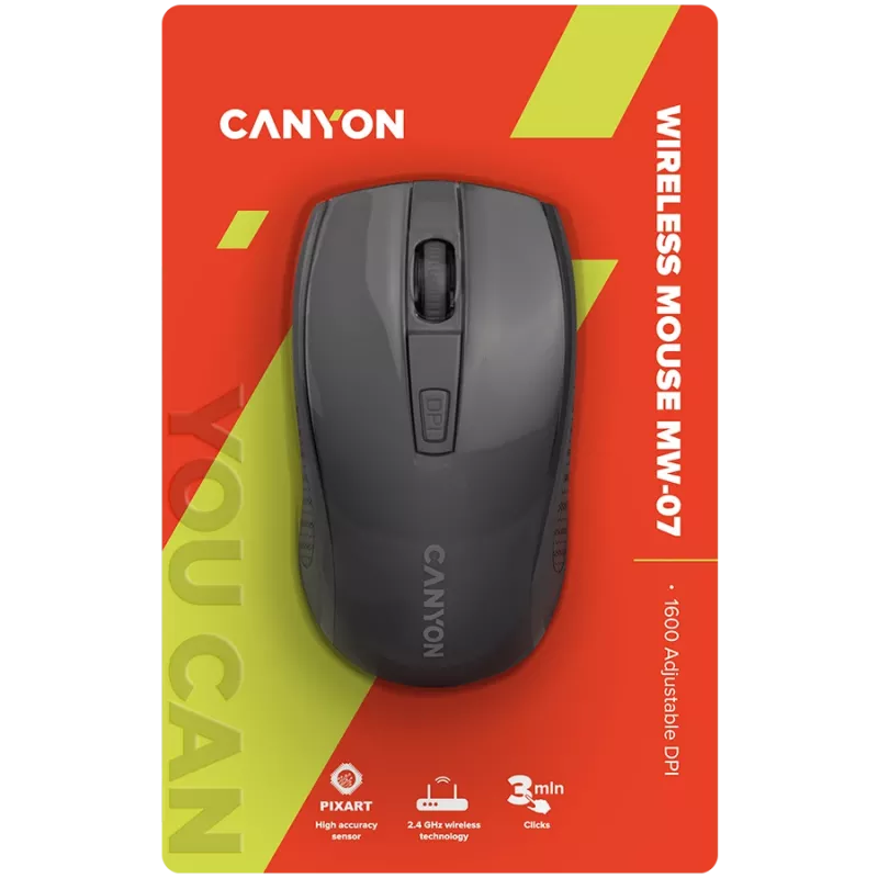 CANYON MW-7, 2,4 GHz belaidė pelė, 6 mygtukai, DPI 800/1200/1600, su 1 AA baterija, dydis 110*60*37 mm, 58 g, juoda
