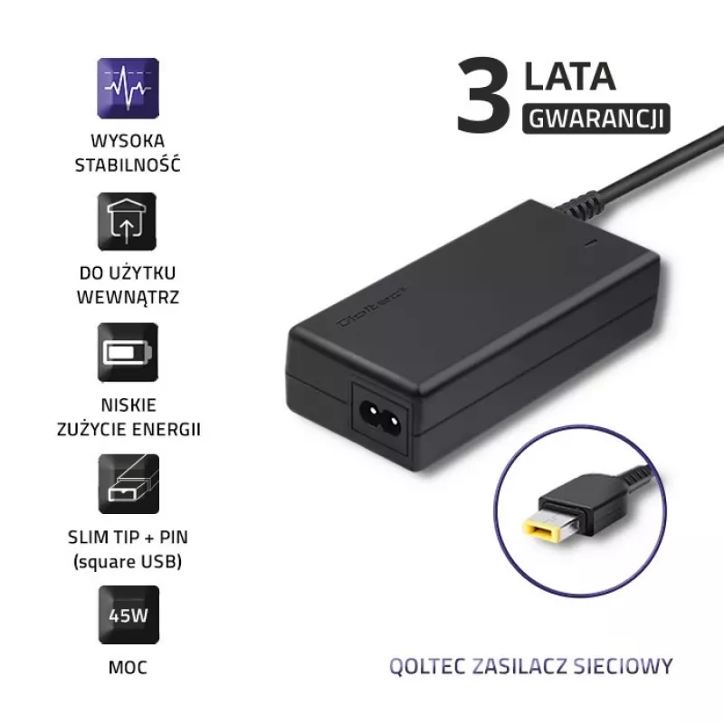 Maitinimo adapteris nešiojamam kompiuteriui Qoltec Lenovo 45W 20V 2,25A Slimtip + kaištis 50098.45W