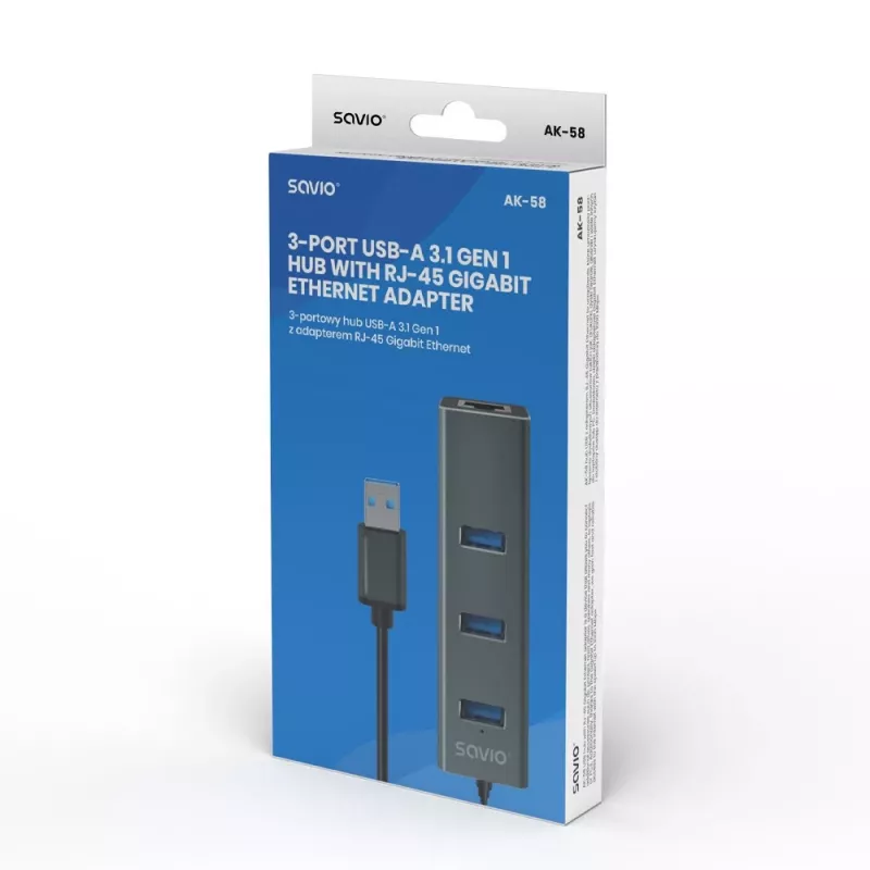SAVIO USB-A šakotuvas su RJ-45 Gigabit Ethernet AK-57 — 3× USB-A + RJ-45, USB 3.2 Gen 1 Micro‑B prieglobos prievadas, 5 Gbit/s, 4 prievadai, pilkas