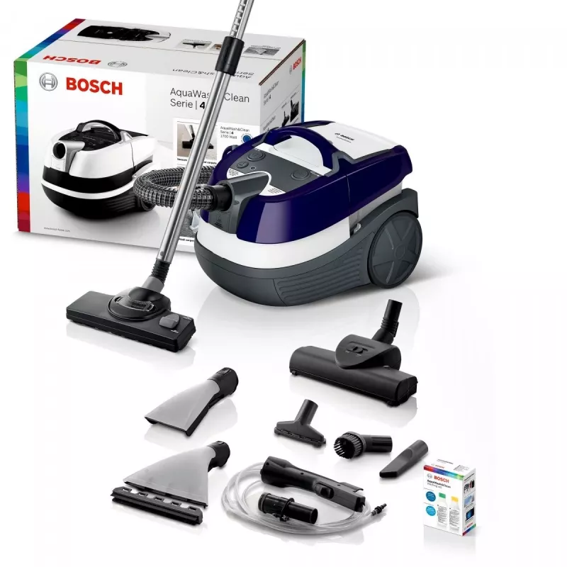 Drėgnas ir sausas dulkių siurblys Bosch BWD 41740 AquaWash&Clean — 1700 W, 5 L bakas, EPA filtras, teleskopinis vamzdis, 9 m spindulys, violetinė