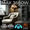 Maitinimo skirstytuvas MACLEAN MCE248 F/B — 3 kintamosios srovės lizdai (1x16A, 2x6A) ir 4 USB prievadai (2xUSB‑A, 2xUSB‑C PD 20W), ES kištukas, juodas