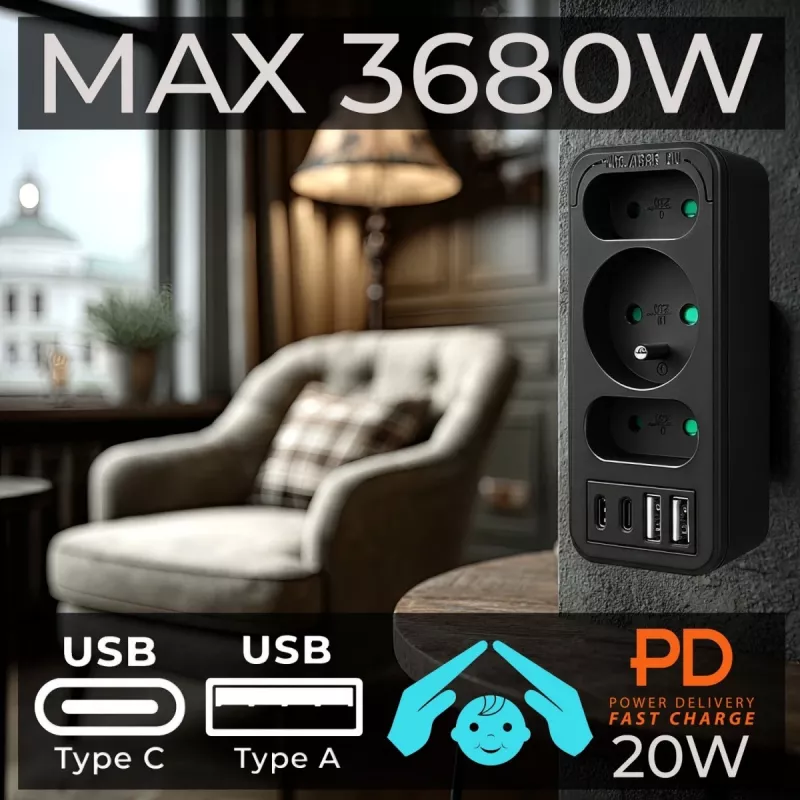 Maitinimo skirstytuvas MACLEAN MCE248 F/B — 3 kintamosios srovės lizdai (1x16A, 2x6A) ir 4 USB prievadai (2xUSB‑A, 2xUSB‑C PD 20W), ES kištukas, juodas